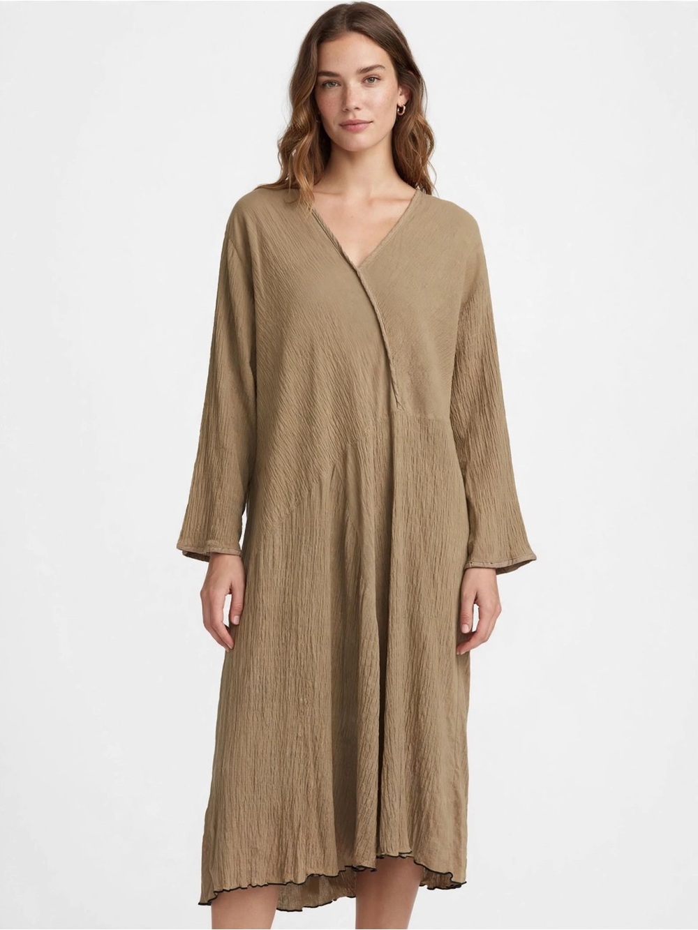 Cynthia Ashby Crinkled Cotton Dress XL Taupe Made in USA